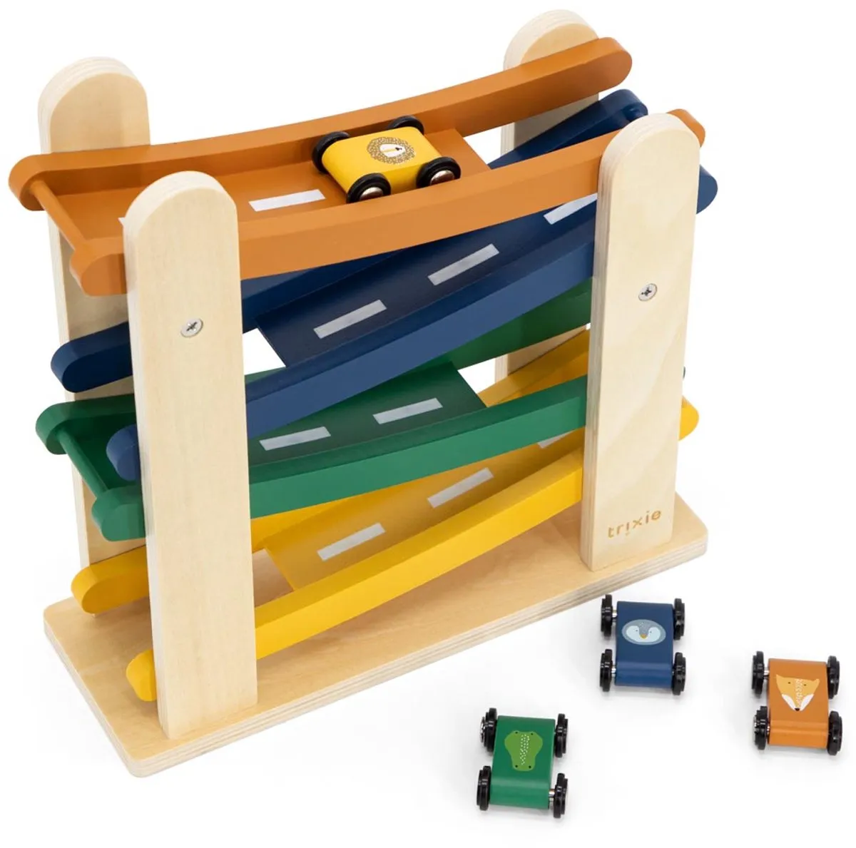 Trixie Houten Racebaan met Dierenauto's - 4 Stuks - Multi