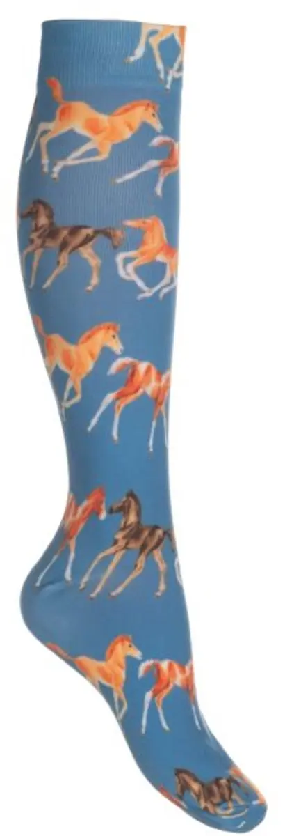 paardrijsokken kinderen maat 35/38 hkm blauw met veulens