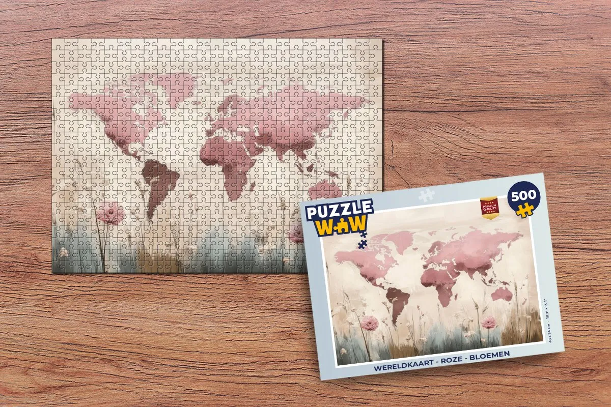 PuzzleWow Wereldkaart Bloemen Legpuzzel 500 Stuks - Roze