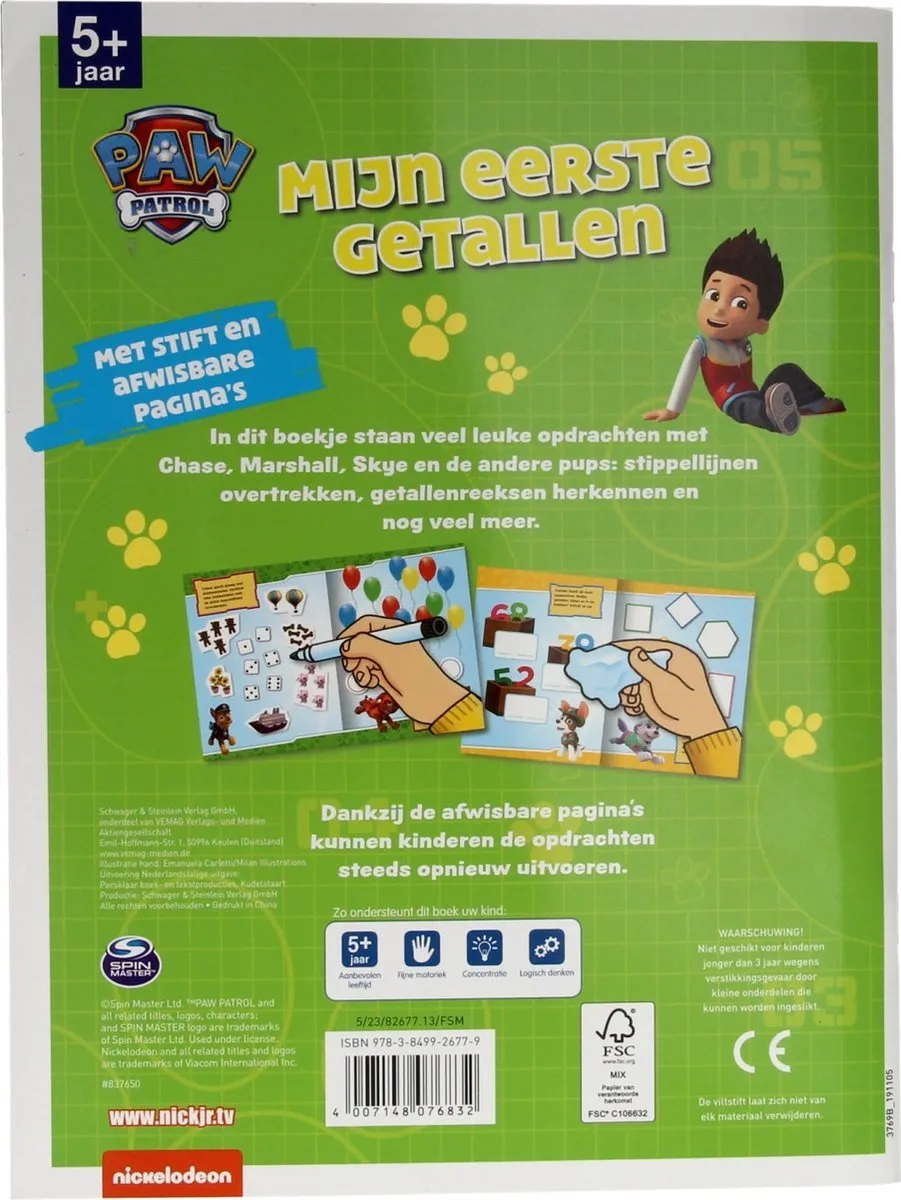Nickelodeon Paw Patrol Oefenboekje Mijn Eerste Getallen 5+ - Met stift en afwisbare pagina's