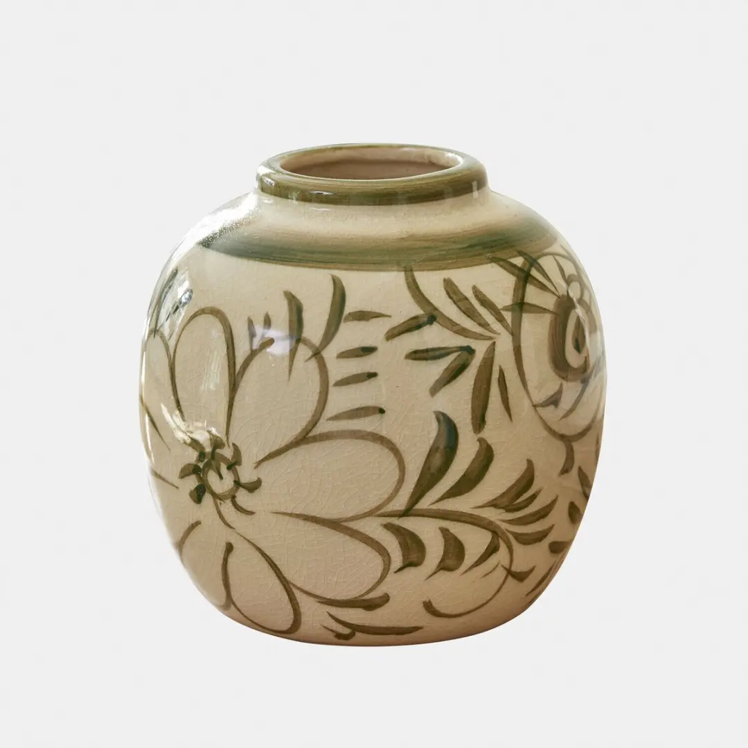Loberon Avignonel Vaas - Crème/Groen - Ø15cm - afbeelding 3 van 5