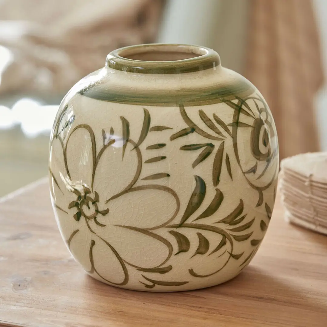 Loberon Avignonel Vaas - Crème/Groen - Ø15cm - afbeelding 5 van 5