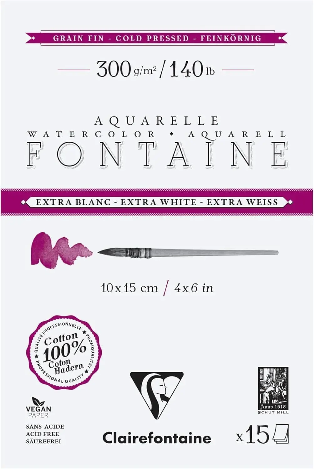 Clairefontaine Fontaine Aquarelpapier Extra Wit Fijn 15 Vel 300g 10x15cm