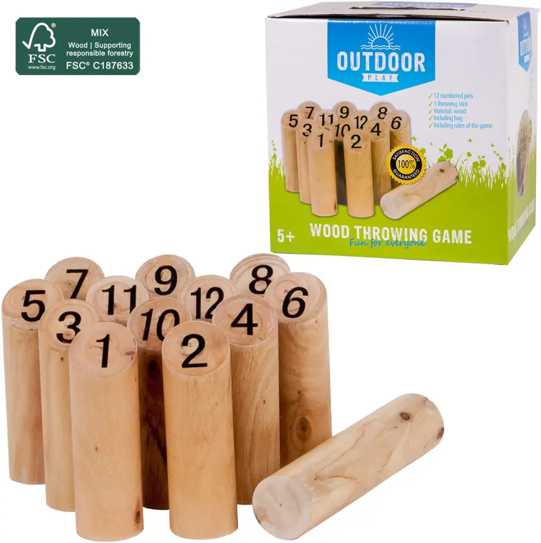 Outdoor Play houten werpspel FSC met draagtas voor buitenplezier.