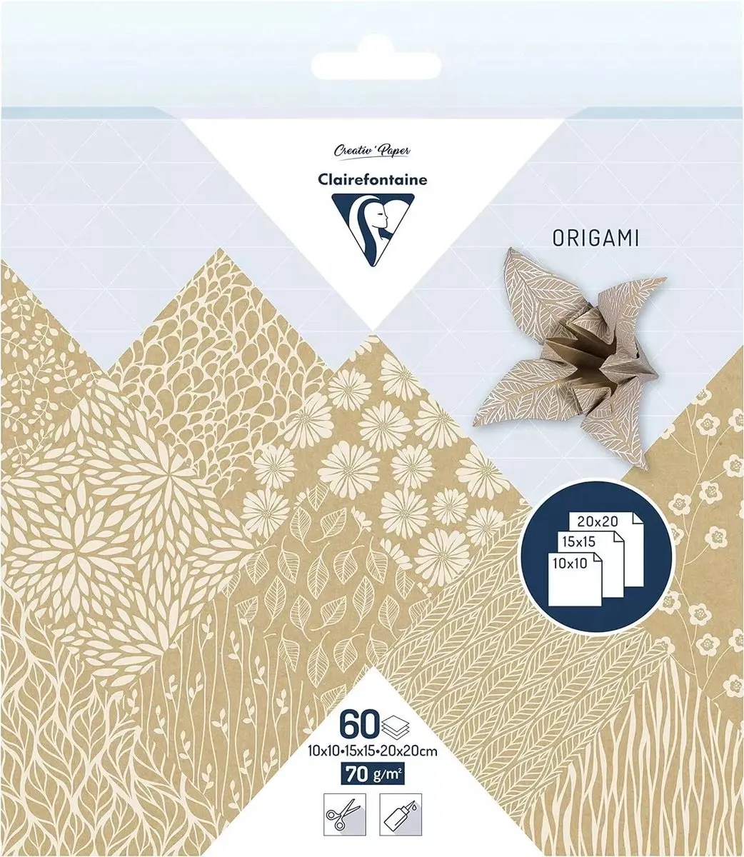 Origami papier Kraft Flora, 60 vel 70 gr. 3 maten