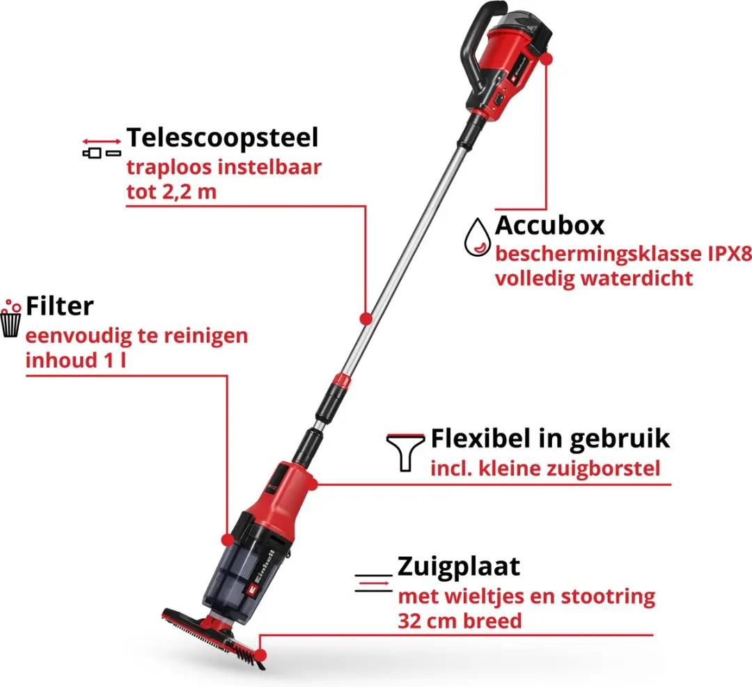 Einhell GE-PV 18/42 Li T Accu Zwembadstofzuiger - Rood/Zwart - afbeelding 3 van 6