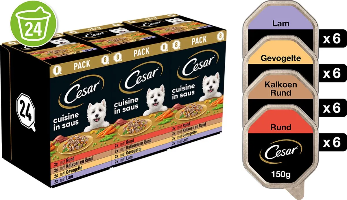 Cesar Hondenvoer - Cuisine Mix in Saus - Maaltijdkuipjes 24x150g