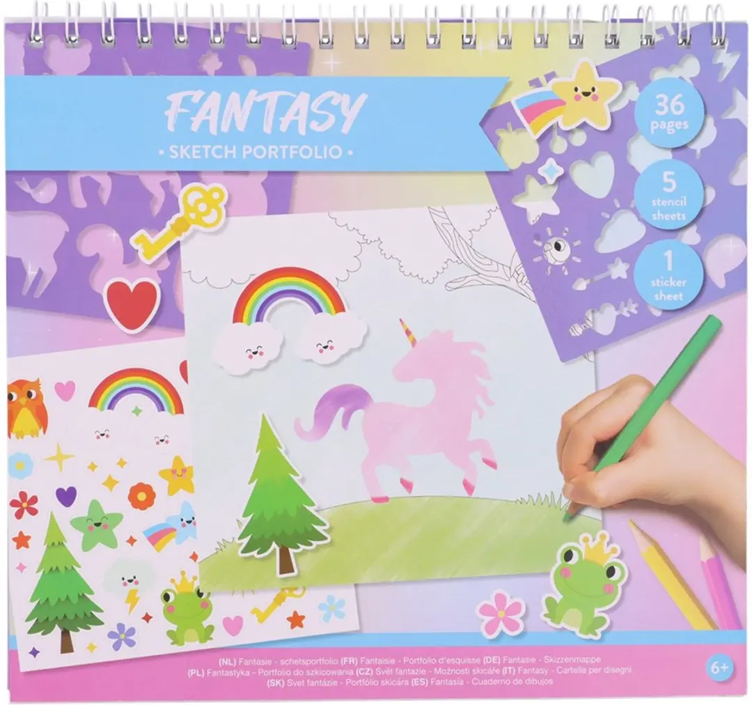kleurboek Fantasy sketch portfolio met Inclusief stencils en stickers