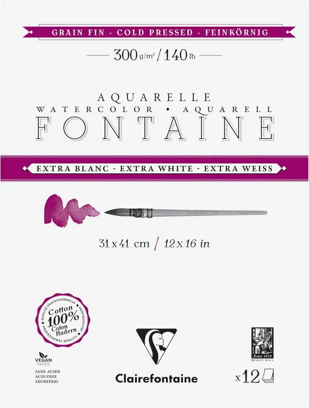 Clairefontaine Fontaine Aquarelpapier Extra Wit Fijne Nerf 300g 31x41cm 12 Vel