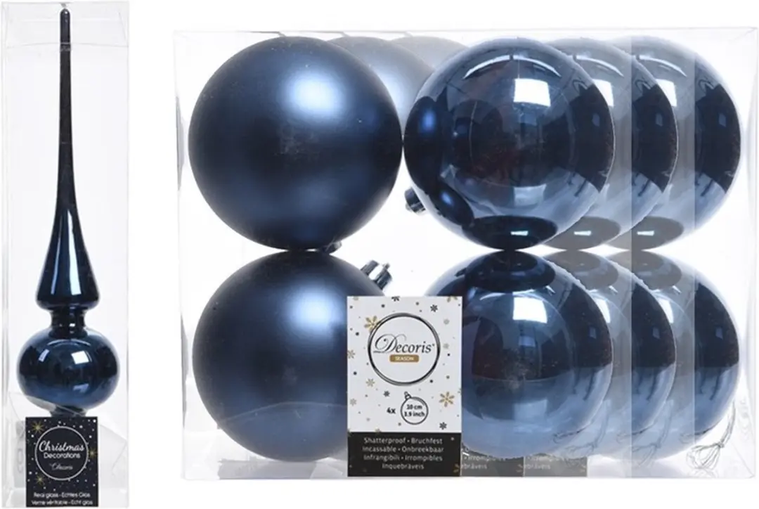 Kerstboom decoratie blauw piek en 12x kerstballen 10 cm