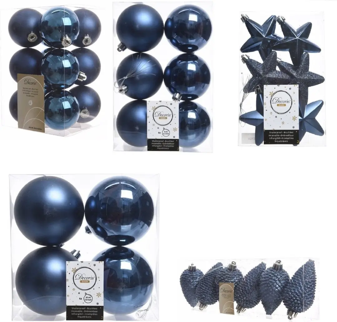 Kerstversiering kunststof kerstballen/hangers donkerblauw 6-8-10 cm pakket van 6