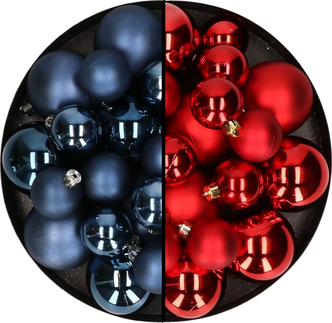 Kerstversiering kunststof kerstballen kleuren mix rood/donkerblauw 6-8-10 cm pak
