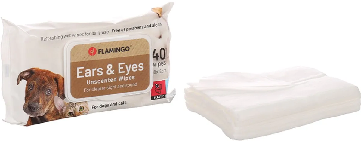 Flamingo Oor & Oog Doekjes Honden Katten - 80 Stuks (2x40) - 18x16cm Ongeparfumeerd