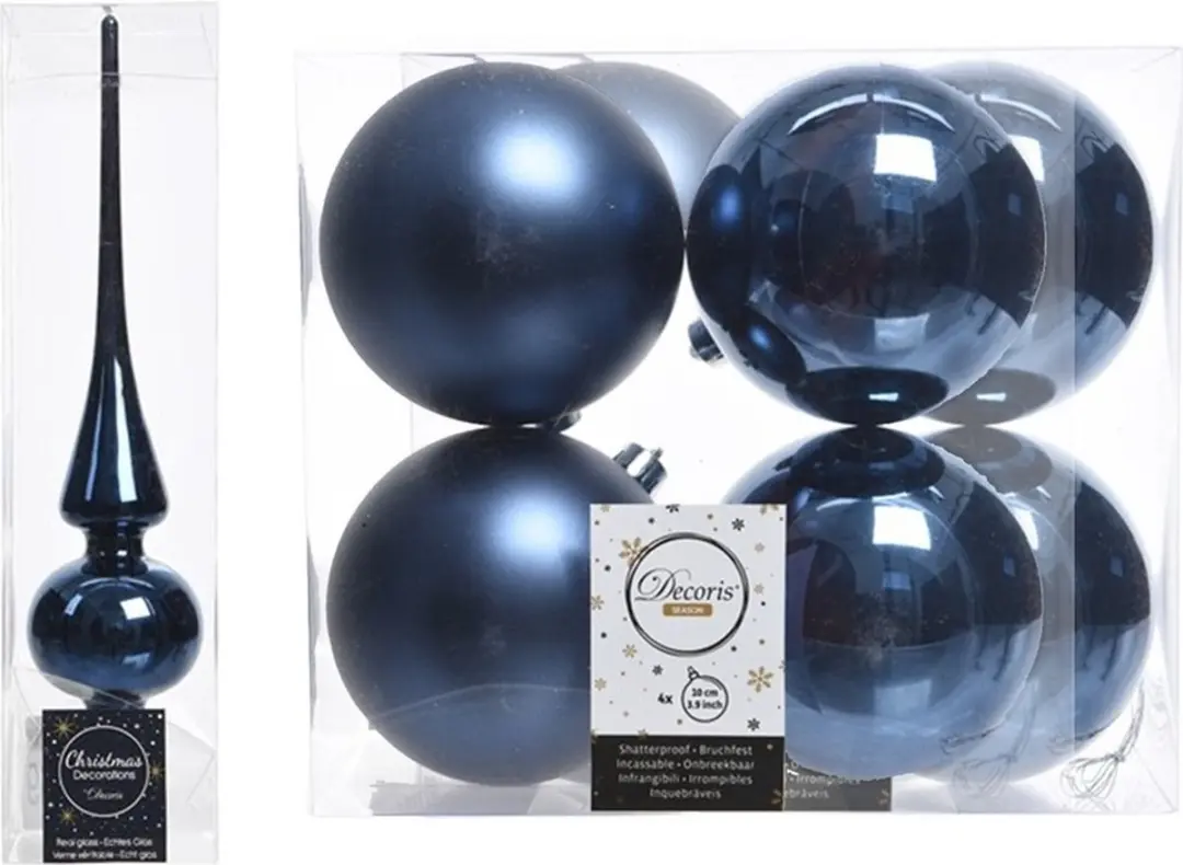 Kerstboom decoratie blauw piek en 8x kerstballen 10 cm