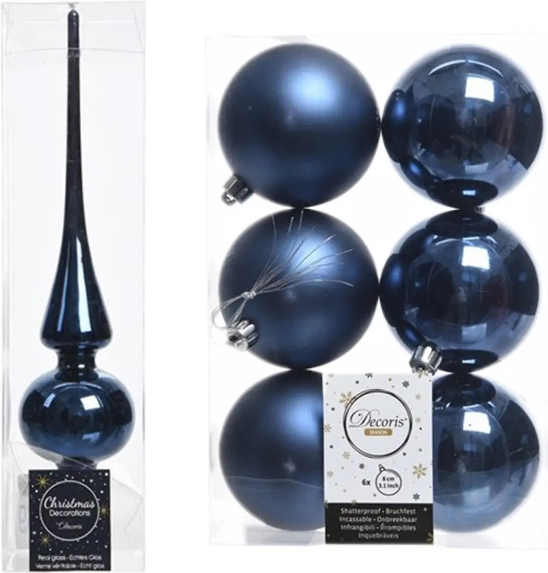 Kerstboom decoratie blauw piek en 6x kerstballen 8 cm