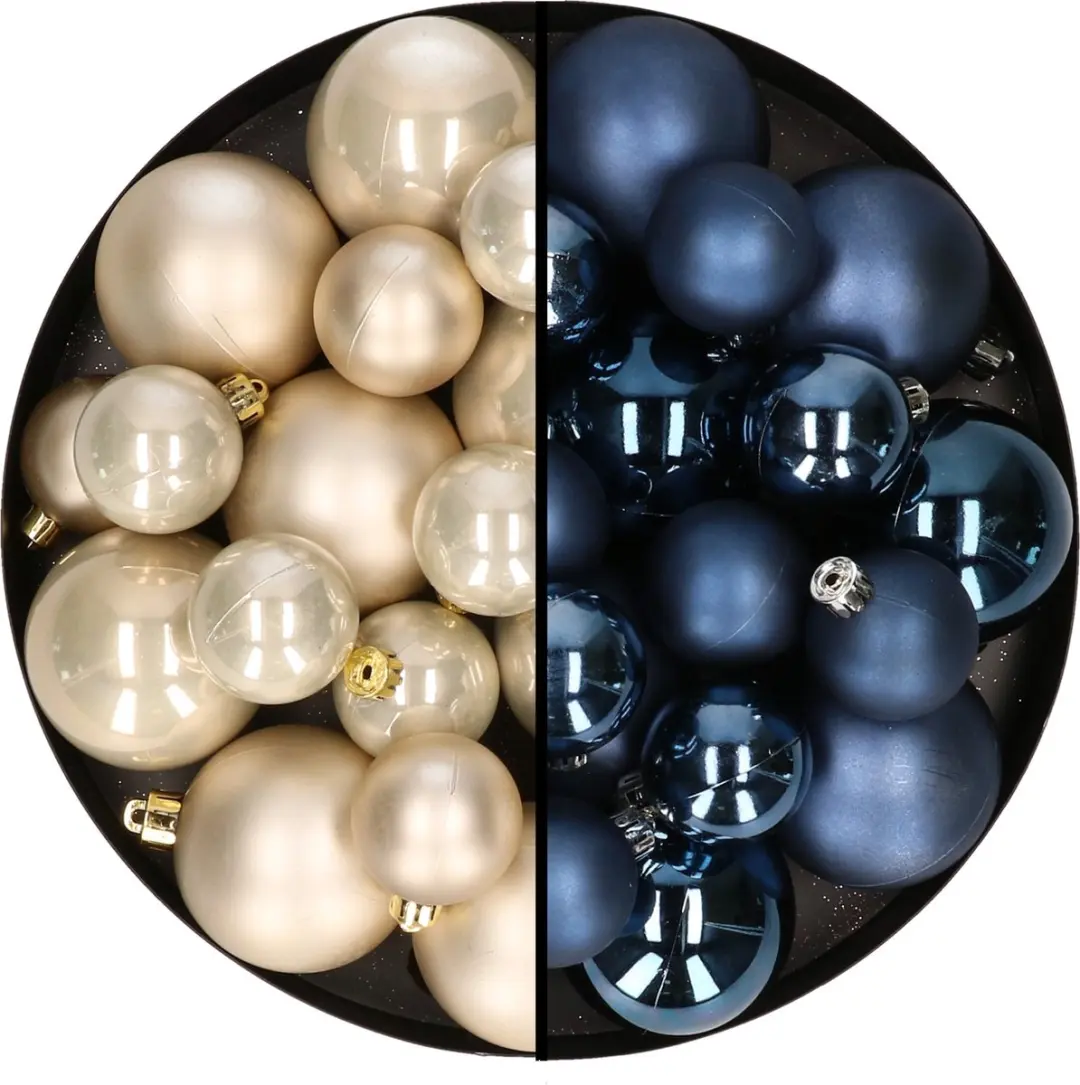 Kerstversiering kunststof kerstballen kleuren mix donkerblauw/champagne 6-8-10 c