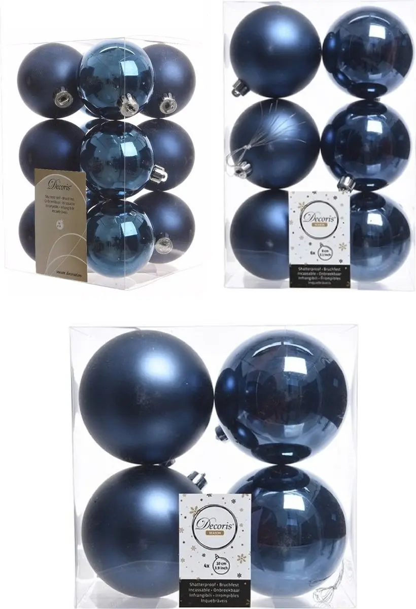 Kerstversiering kunststof kerstballen donkerblauw 6-8-10 cm pakket van 22x stuks
