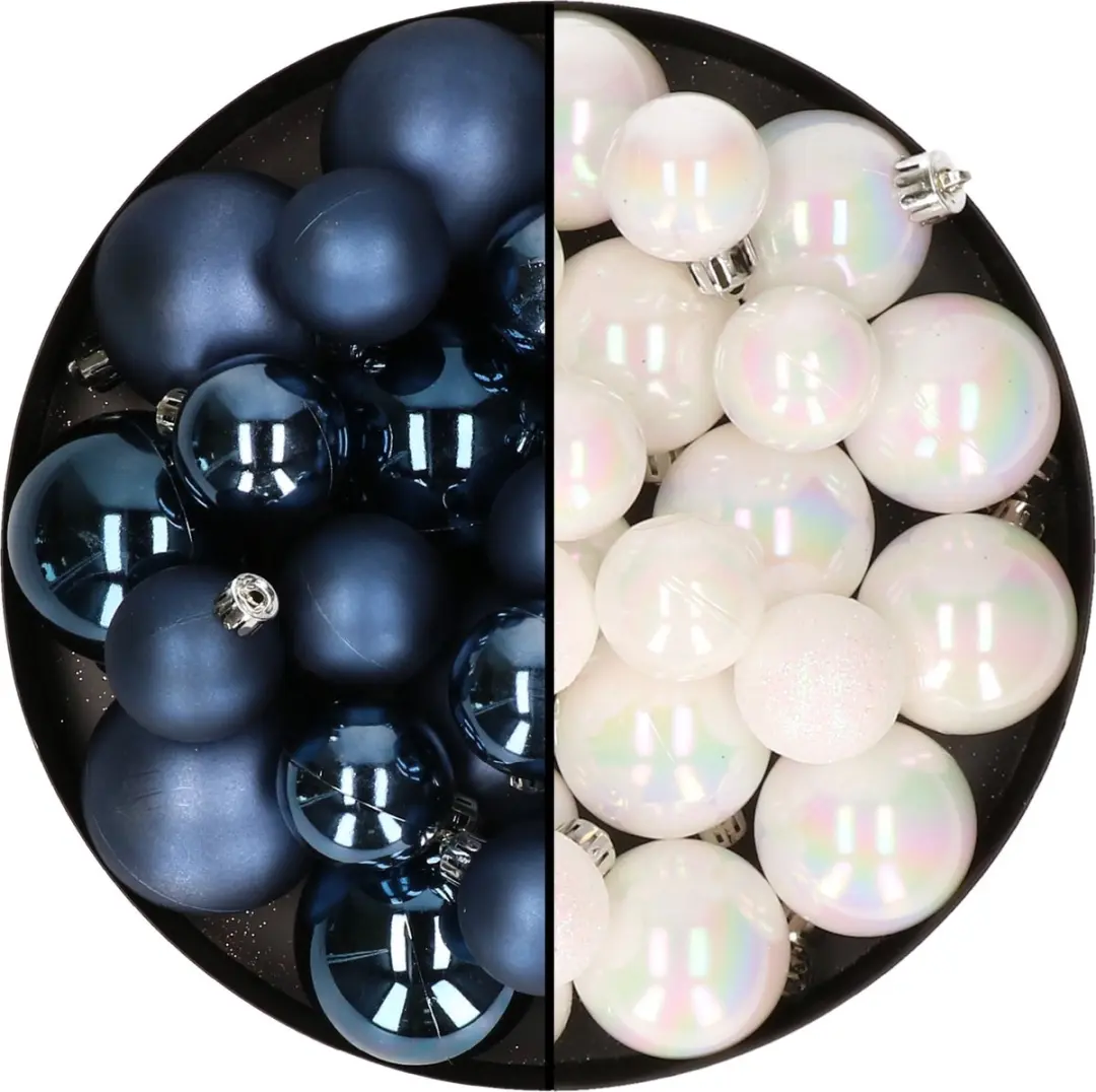 Kerstversiering kunststof kerstballen kleuren mix donkerblauw/parelmoer wit 6-8-