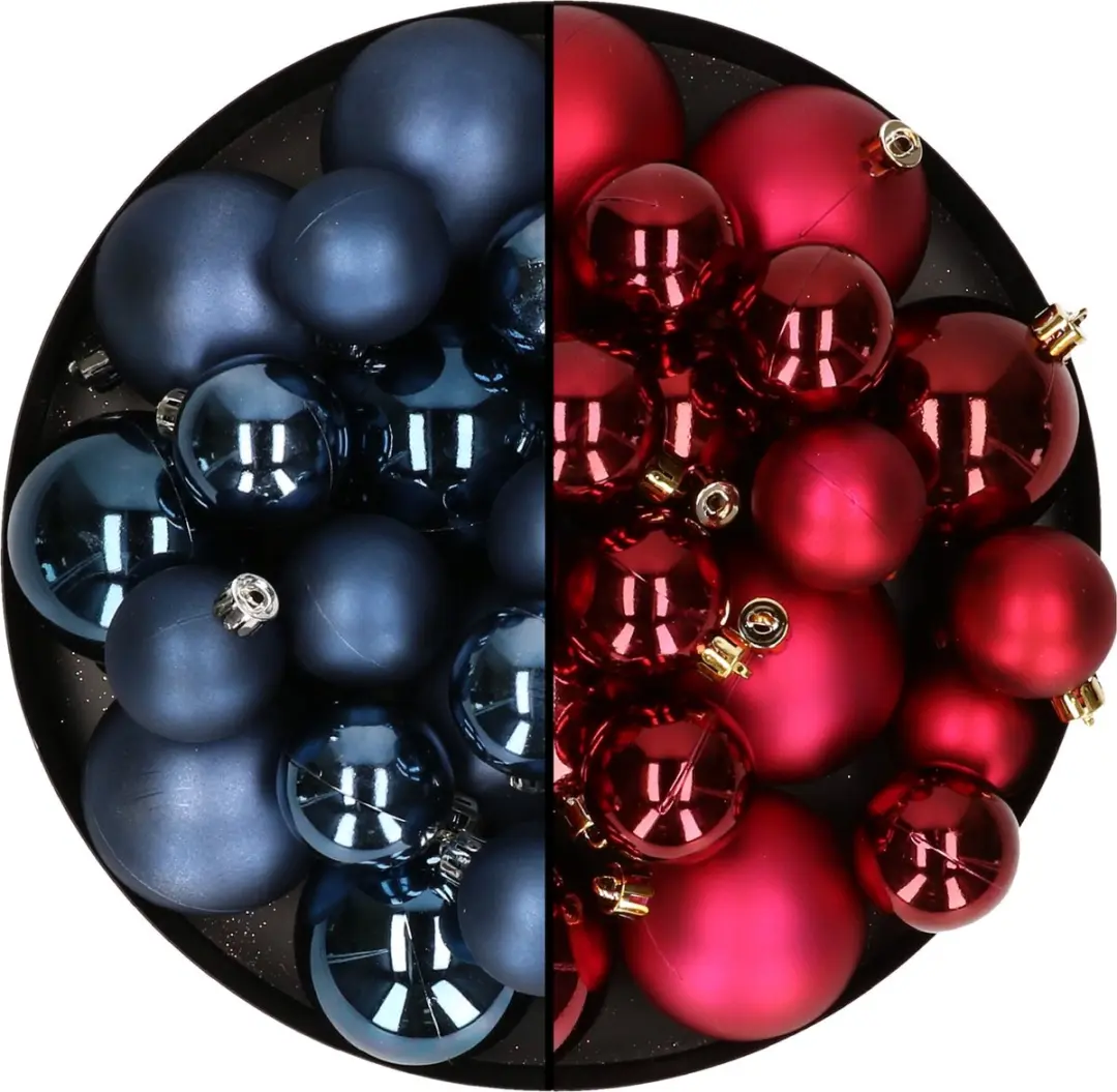 Kerstversiering kunststof kerstballen kleuren mix donkerblauw/donkerrood 6-8-10