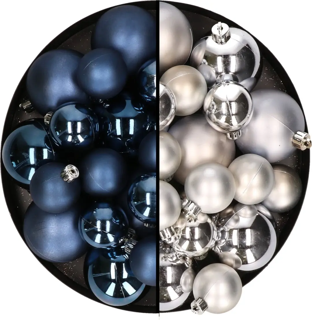 Kerstversiering kunststof kerstballen kleuren mix donkerblauw/zilver 4-6-8 cm pa