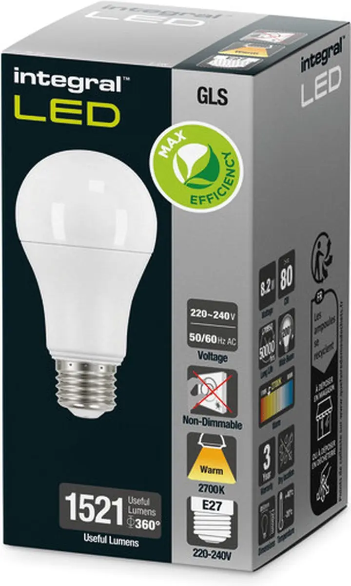 Integral LED ILGLSE27NC172 E27 LED lamp - 8,2W - 2700K - afbeelding 3 van 5