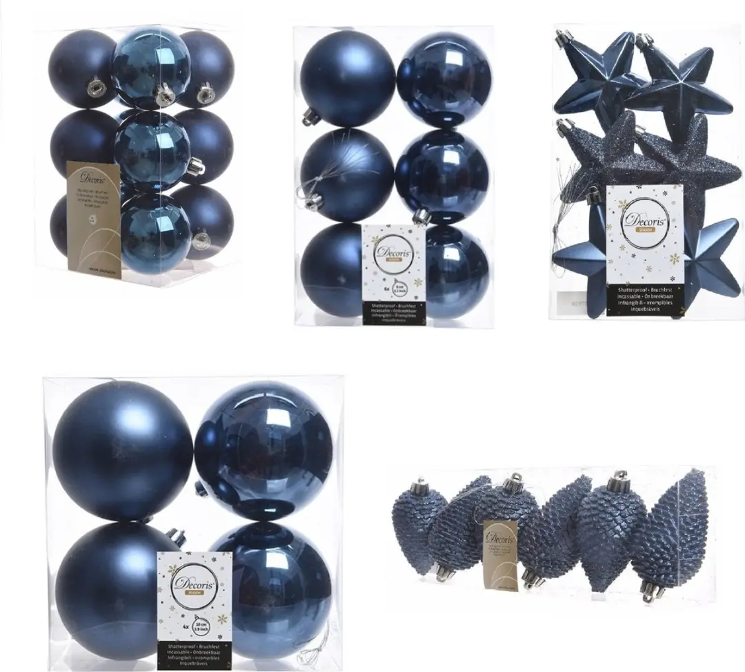 Kerstversiering kunststof kerstballen/hangers donkerblauw 6-8-10 cm pakket van 6