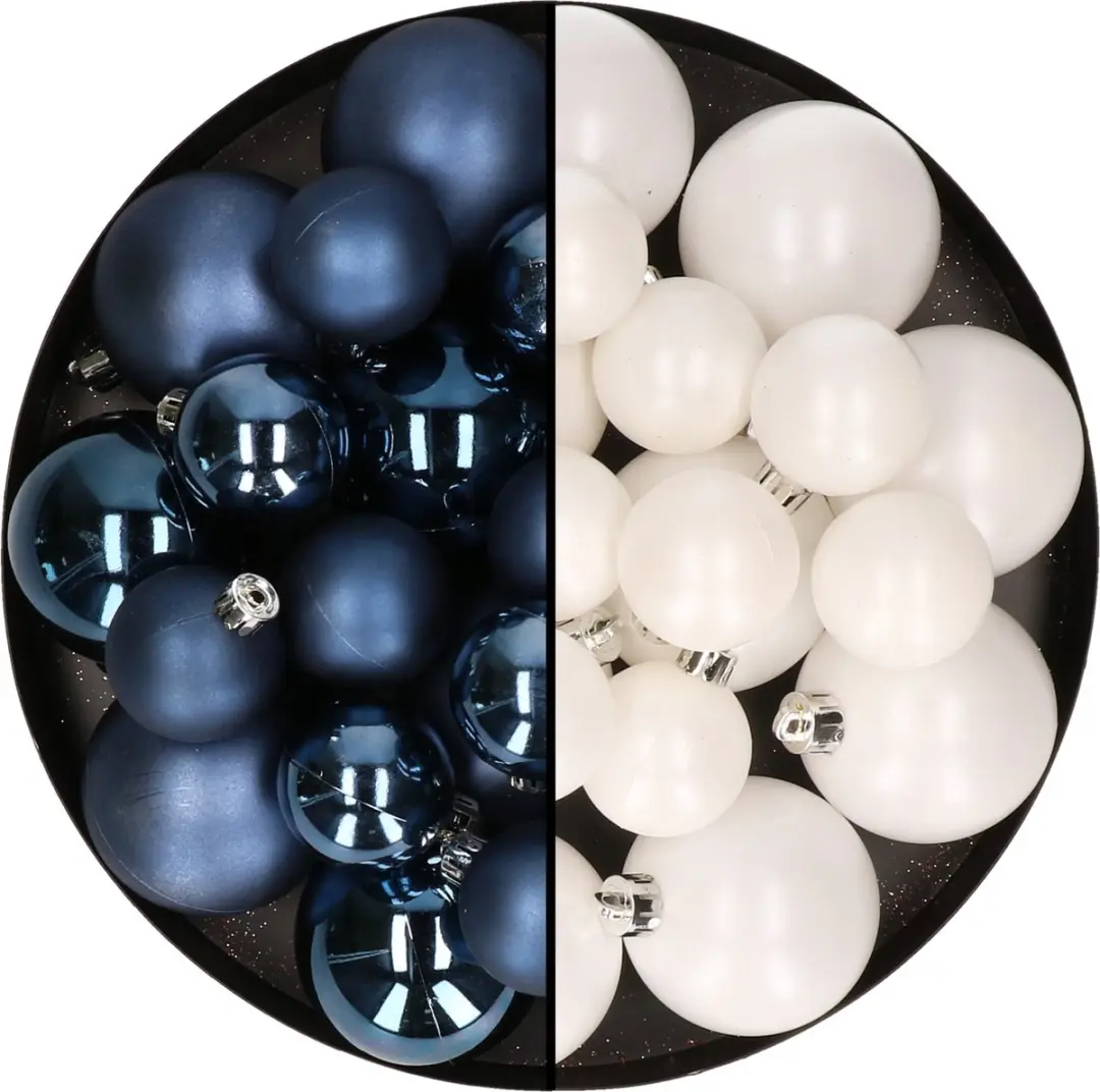 Kerstversiering kunststof kerstballen kleuren mix donkerblauw/winter wit 6-8-10