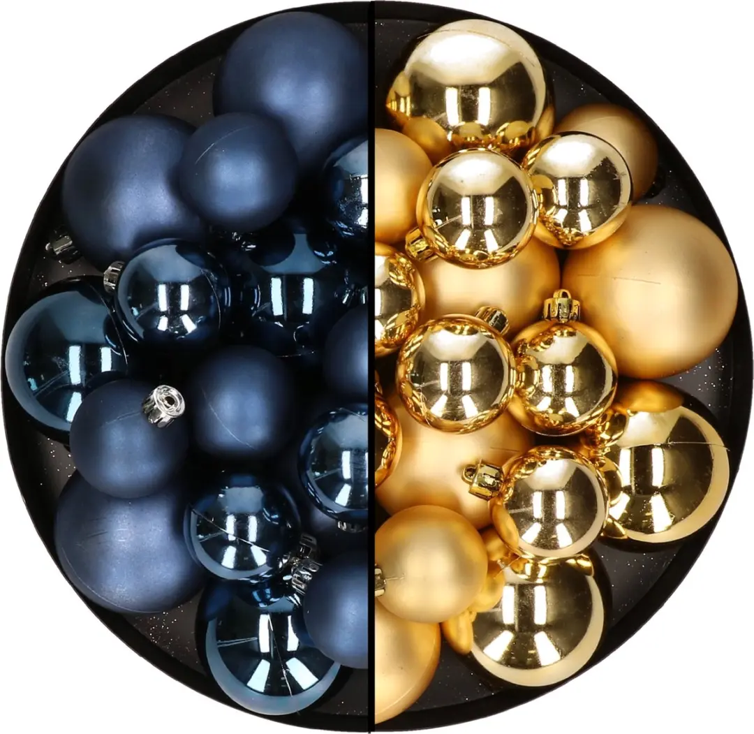 Kerstversiering kunststof kerstballen kleuren mix donkerblauw/goud 4-6-8 cm pakk
