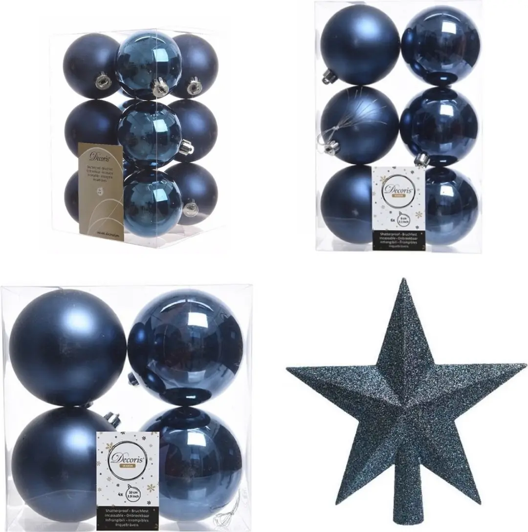 Kerstversiering kunststof kerstballen met piek donkerblauw 6-8-10 cm pakket van
