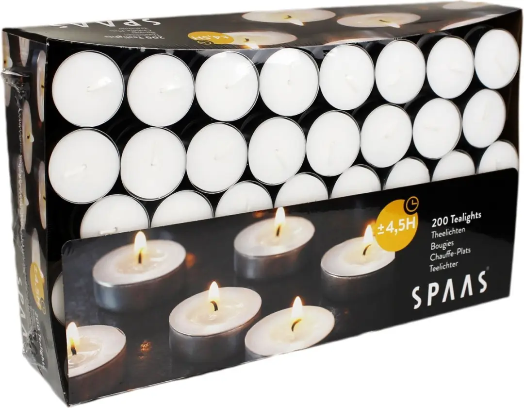 200 Theelichtjes SPAAS© kaarsen roetvrij 4,5 uur brandtijd witte gastro theelic