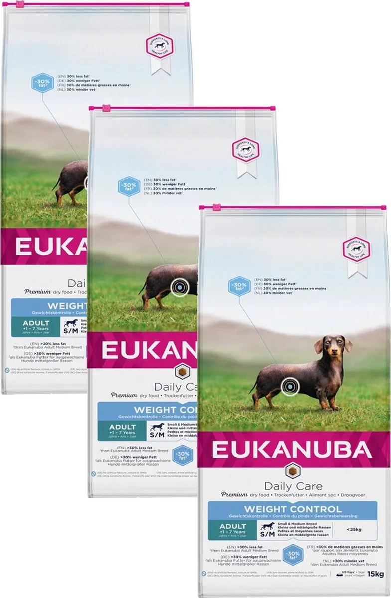 Eukanuba Adult Small & Medium Breed Weight Control Hondenvoer - 3x2.3kg