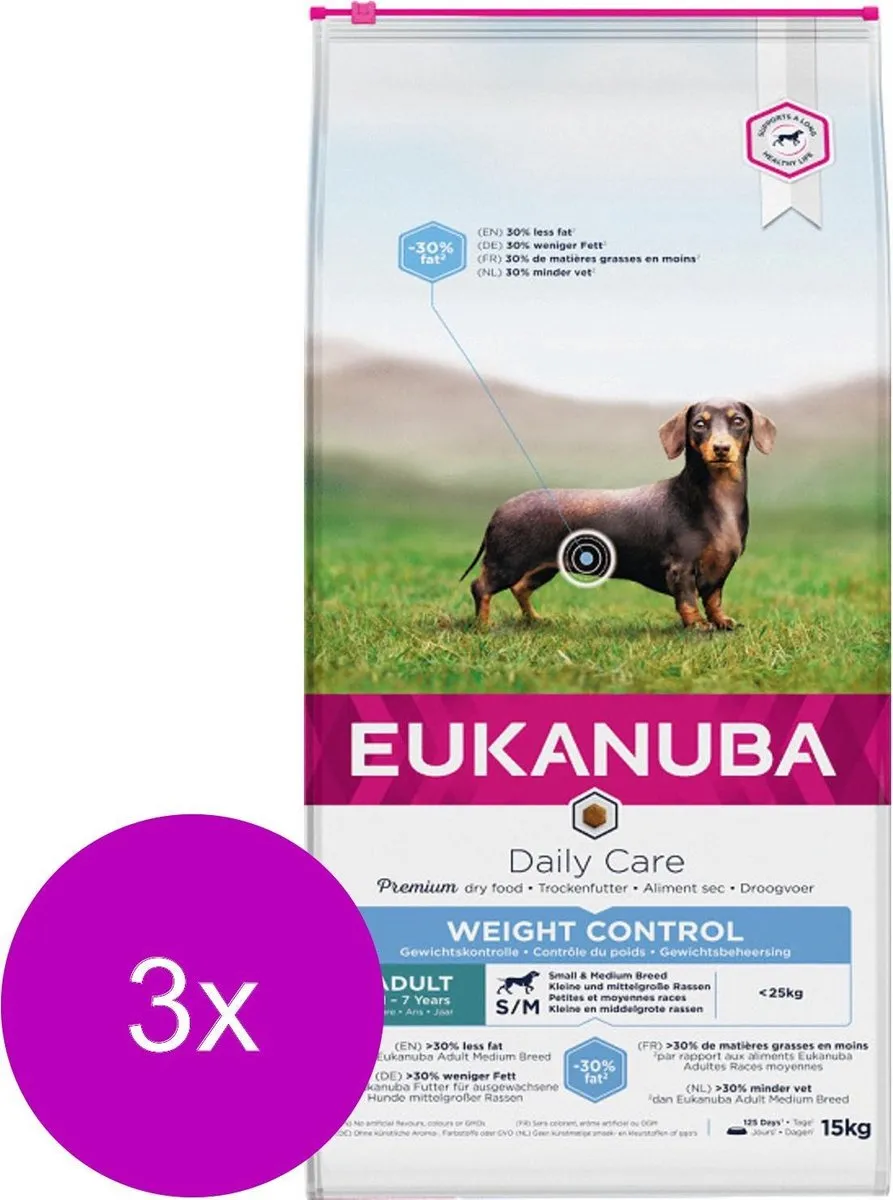 Eukanuba Adult Small & Medium Breed Weight Control Hondenvoer - 3x2.3kg