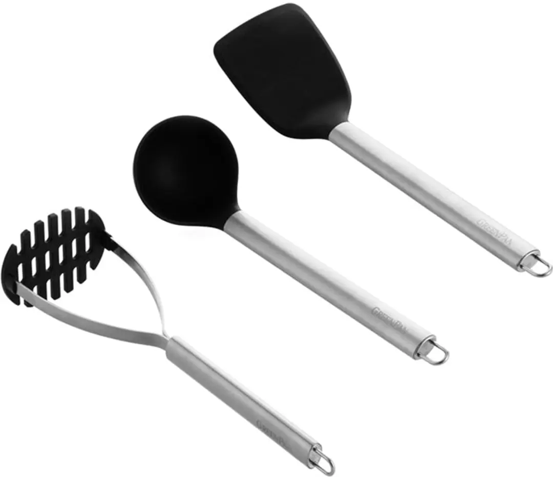 Merkloos Keukengerei Set: Spatel, Opscheplepel & Stamper
