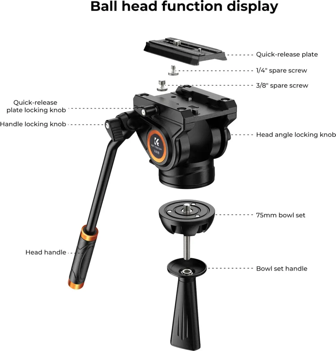 K&F Concept VA18 Videostatief met VH081 Kop - 184cm - Zwart - afbeelding 4 van 6