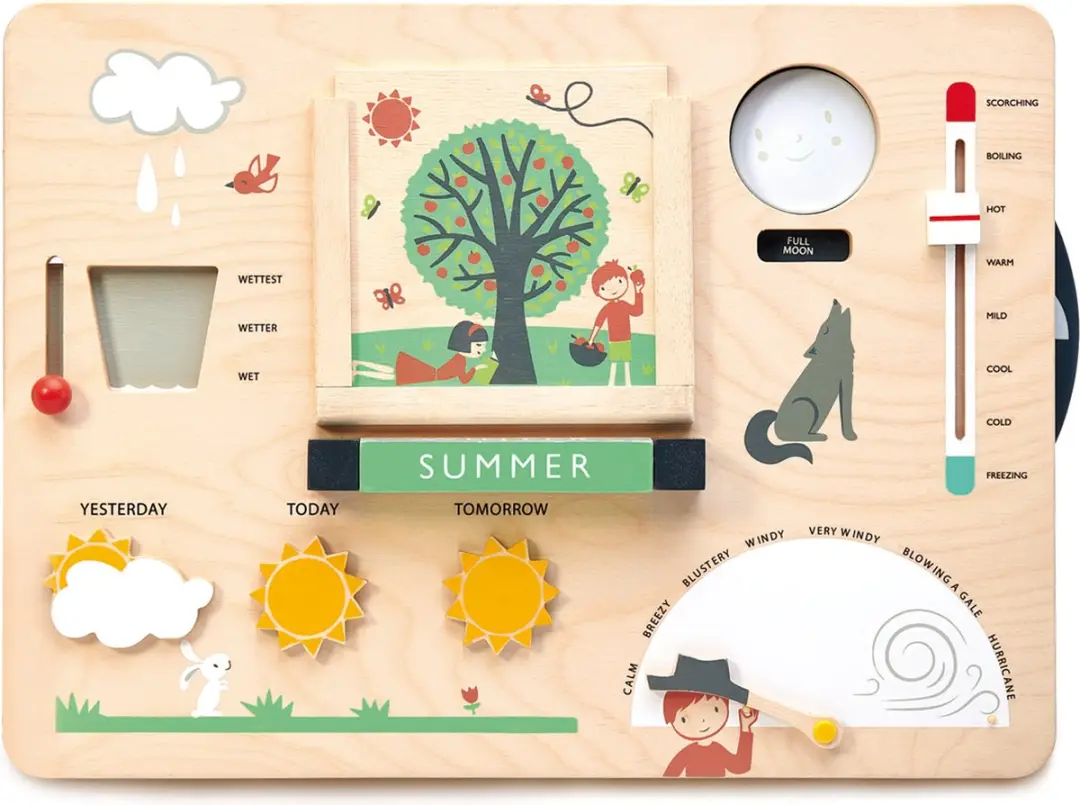 Tender Leaf Preschool: WEERSTATION 43x31xx4,5cm, (ENGELSE VERSIE), in hout, in d
