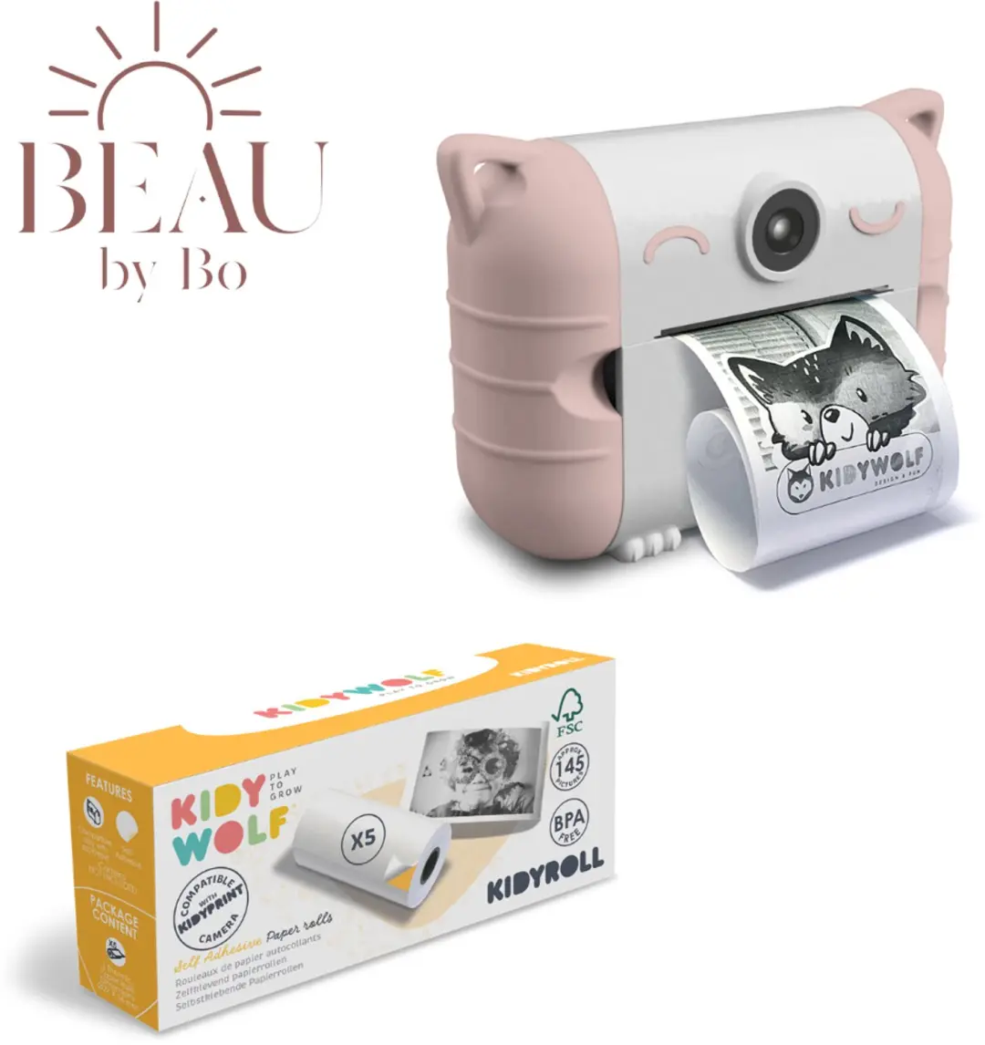 Bundel Kidywolf Camera met thermische printer Roze + Refill 5 rolletjes Zelfklev