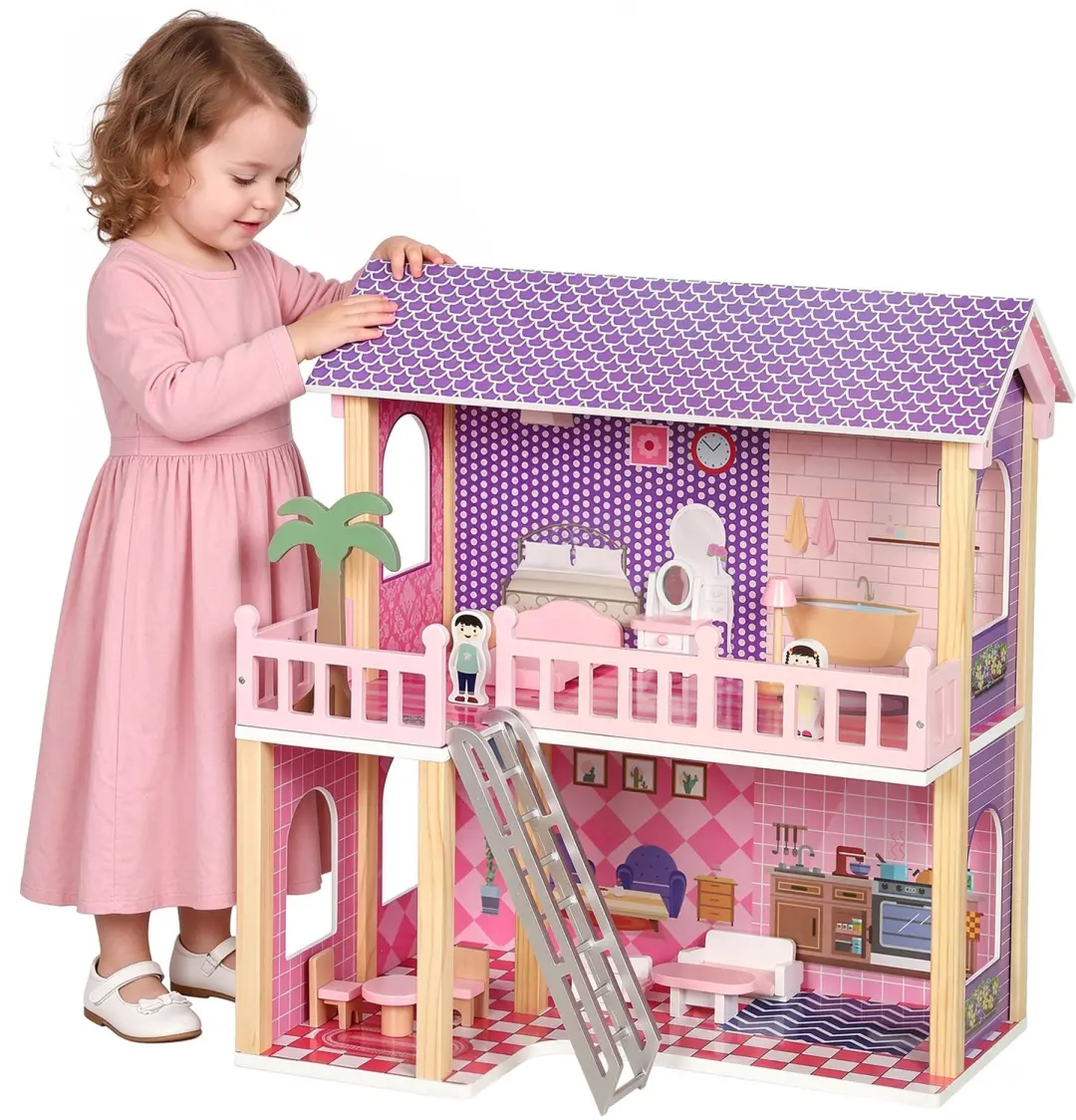 AIYAPLAY Doll House-MDF, Kiefernholz-64L x 40B x 69H cm-Rosa