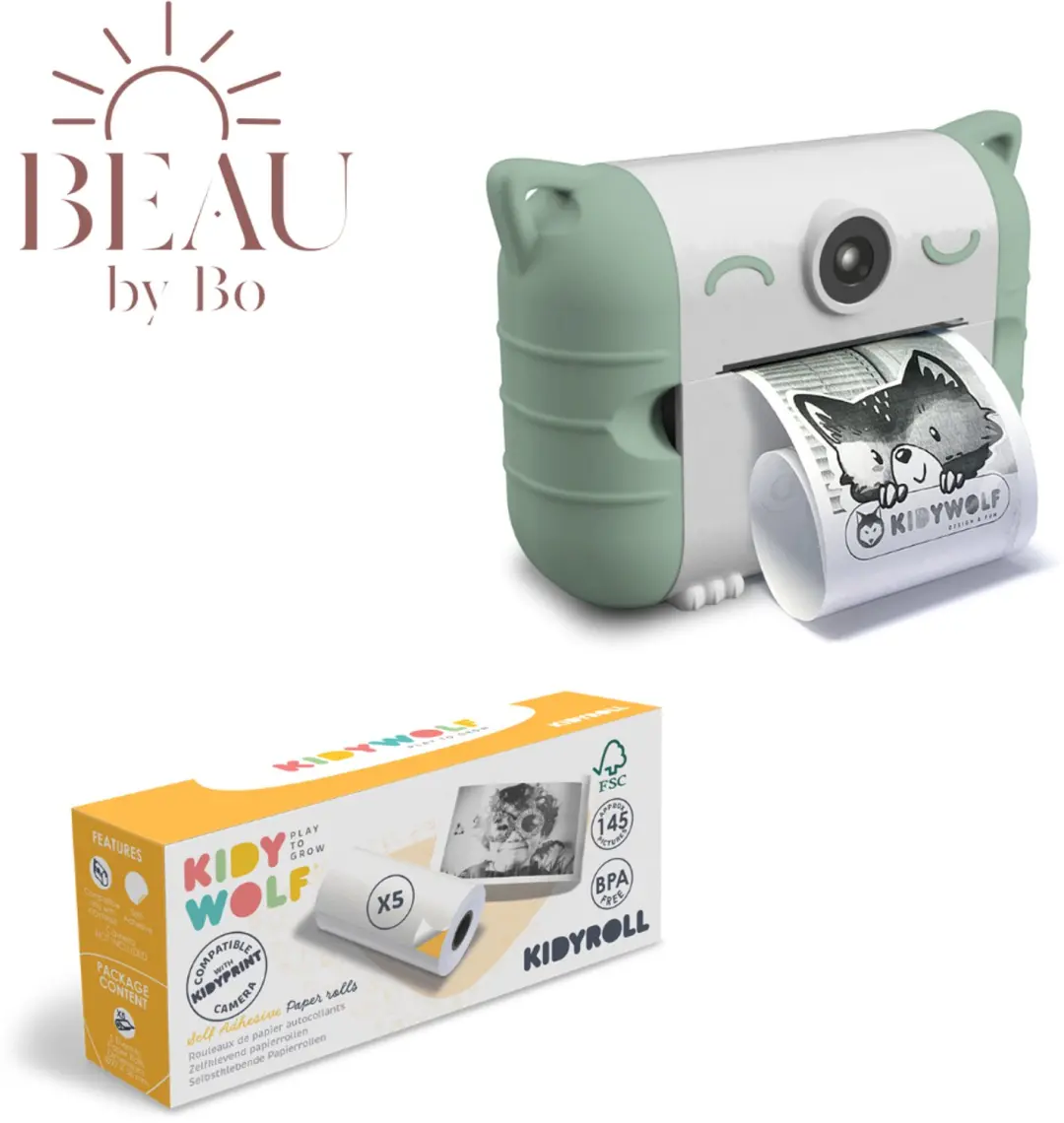 Bundel Kidywolf Camera met thermische printer Groen + Refill 5 rolletjes Zelfkle