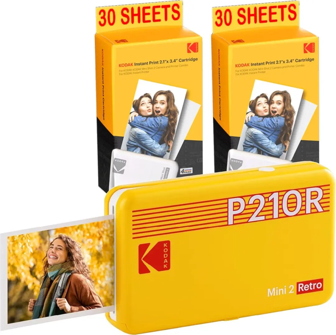 KODAK Mini Printer P210 Retro Pack 2 + Cartridge en papier voor 60 foto’s – Bluetooth-verbonden printer – Fotoformaat CB 5,3 x 8,6 cm – Lithiumbatterij – 4Pass Thermische Sublimatie - afbeelding 2 van 2