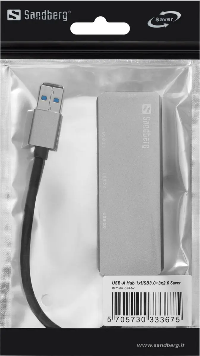 Sandberg 333-67 USB-A Hub 1xUSB3.0+3x2.0 - Grijs - afbeelding 2 van 2