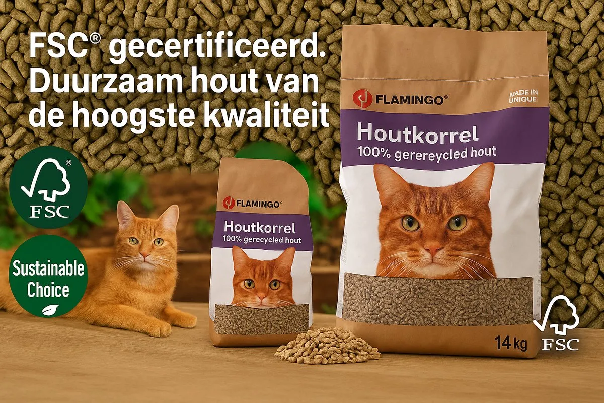 Flamingo Houtkorrel Bruin Kattenbakvulling 14kg - 100% natuurlijk
