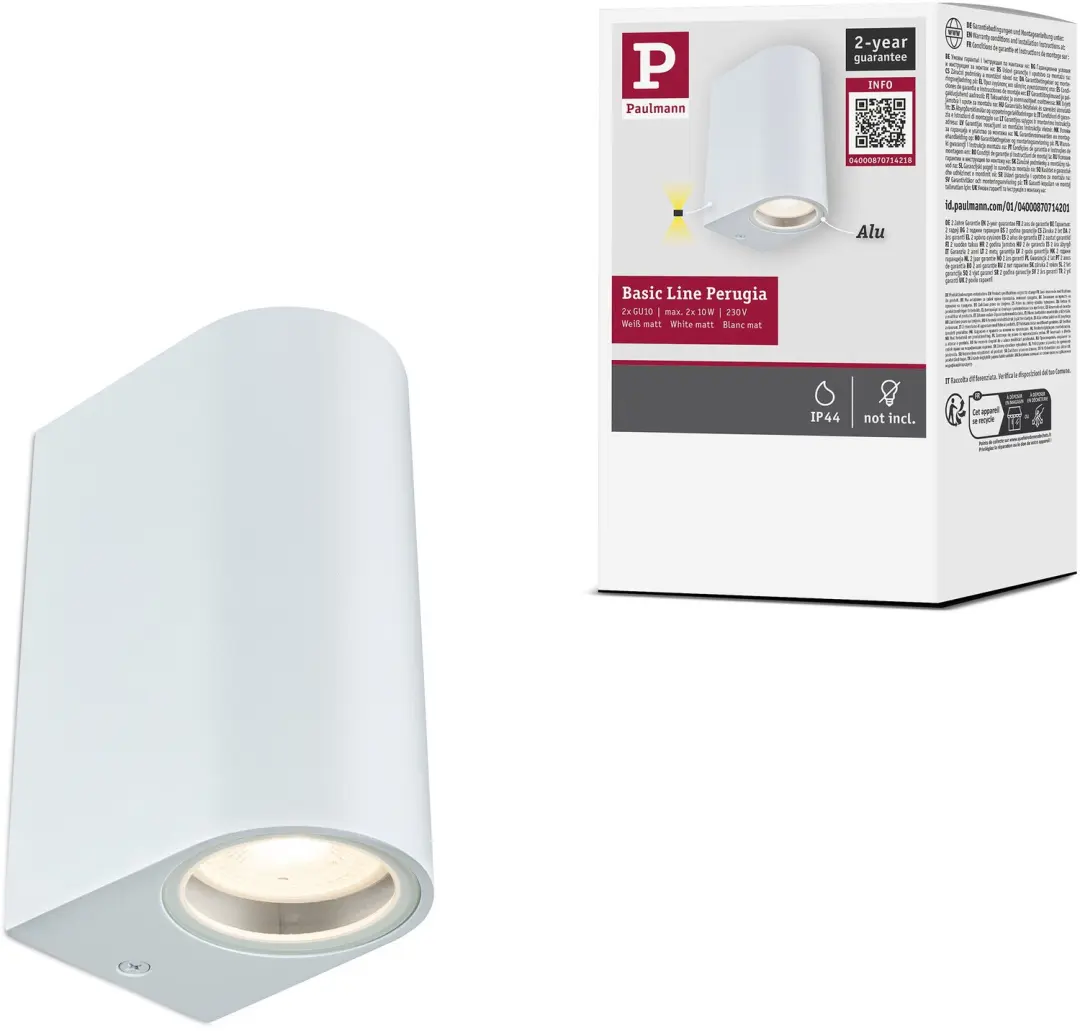 Wandlamp Perugia IP44 GU10 230V max. 2x10W Wit mat