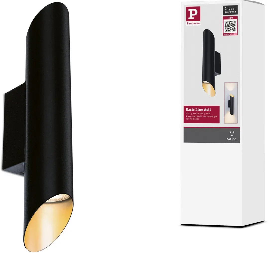Wandlamp Asti GU10 230V max. 2x10W Zwart mat, Goud