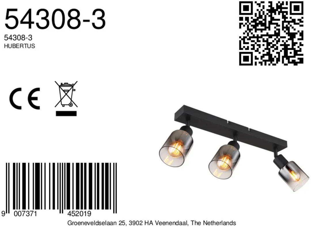 Globo Hubertus Plafondlamp 3-lichts - E14 - Zwart - afbeelding 6 van 6