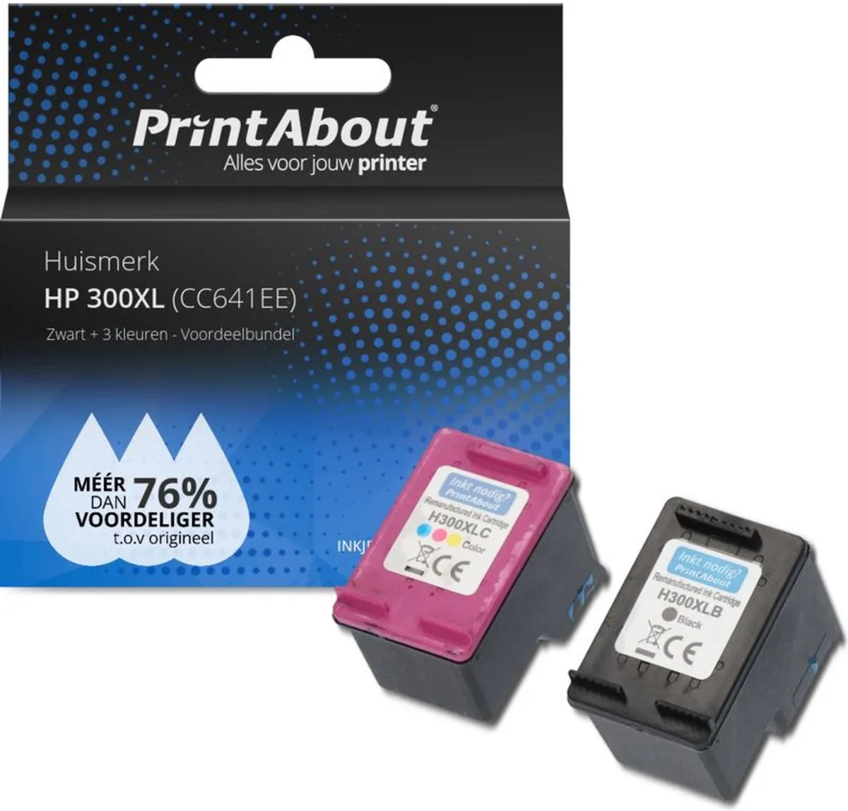 PrintAbout CC641EE-PA2 Inktcartridge - Zwart + 3 Kleuren - 2.050 pagina's