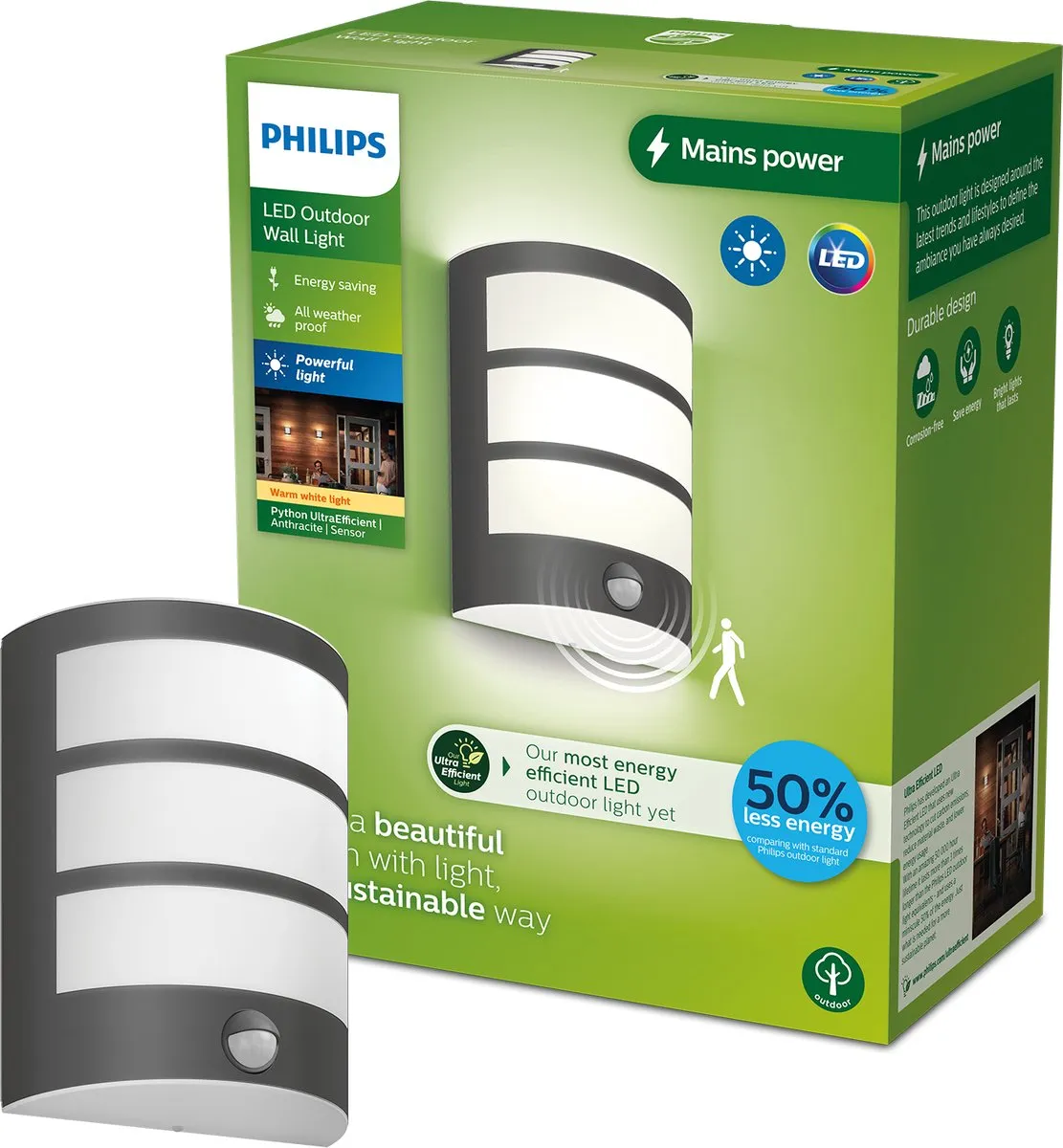 Philips Python Wandlamp 3,8W - Antraciet - Met sensor