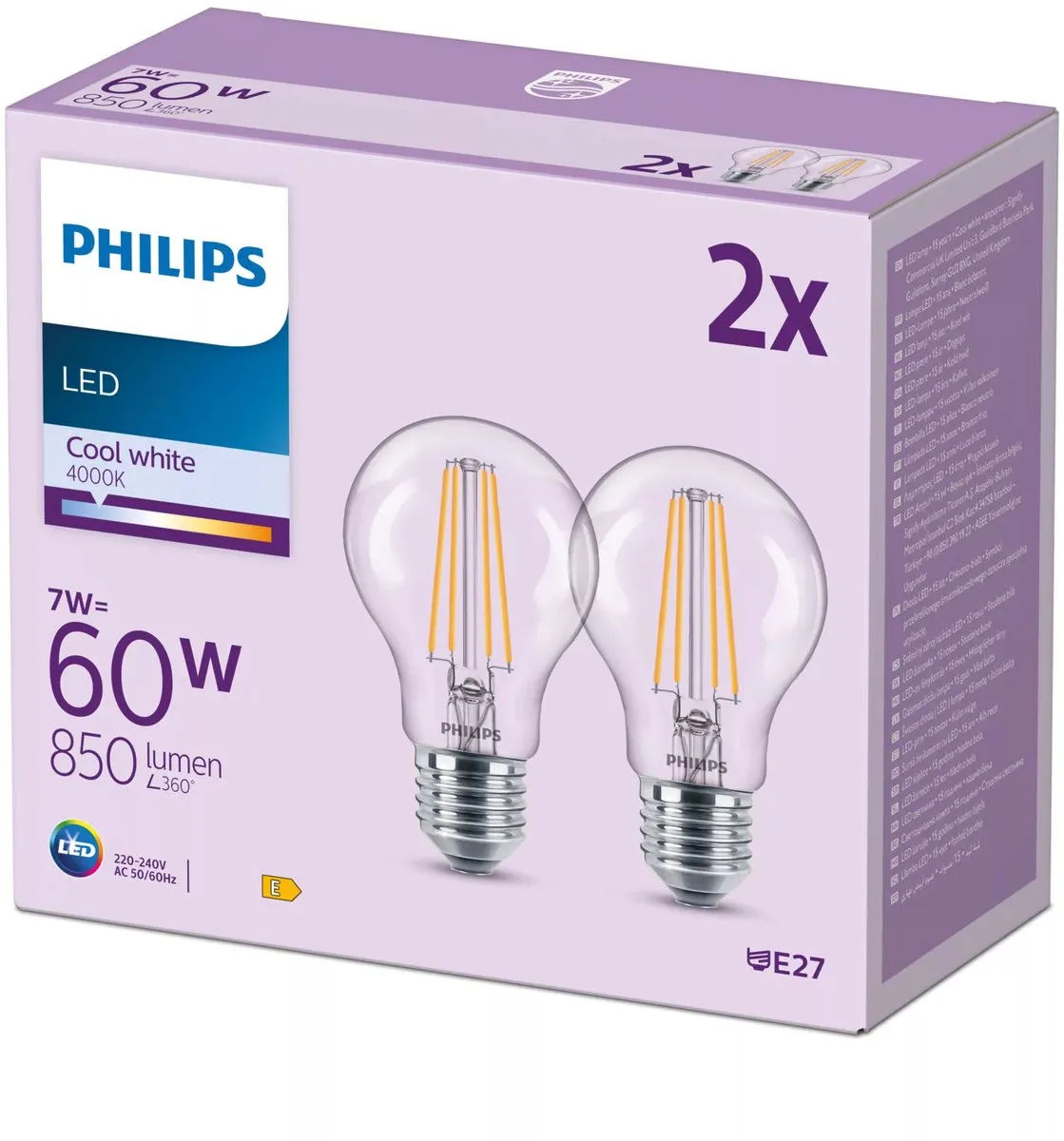 Philips LED Lamp Transparant 7W E27 Koelwit - 2 Stuks