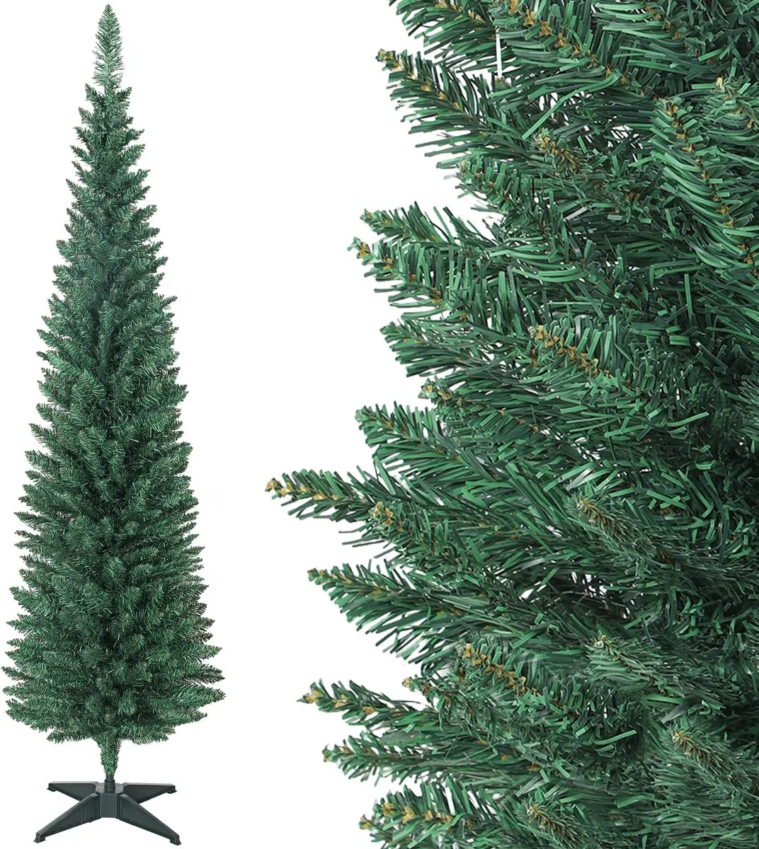 HOMCOM Kunstkerstboom 180 cm, Slanke Kerstboom met 321 Takpunten, Kunststof Stan