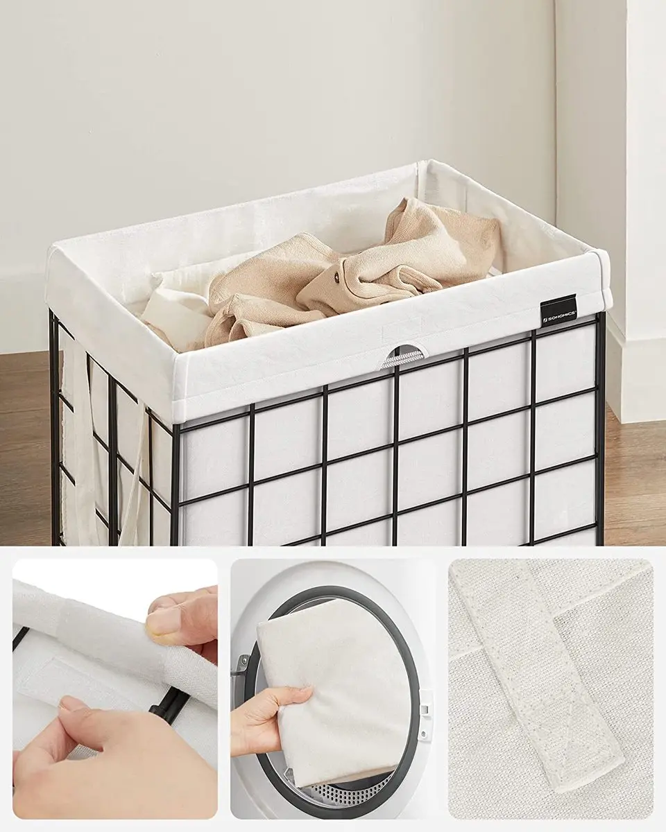 Songmics Opvouwbare Wasmand 90L - Metalen Frame - Zwart Wit - afbeelding 3 van 6