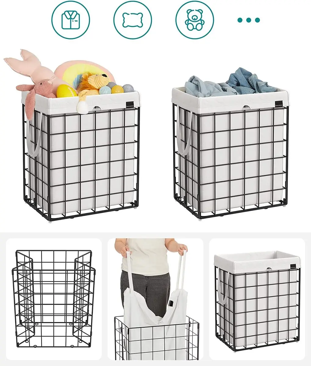 Songmics Opvouwbare Wasmand 90L - Metalen Frame - Zwart Wit - afbeelding 2 van 6